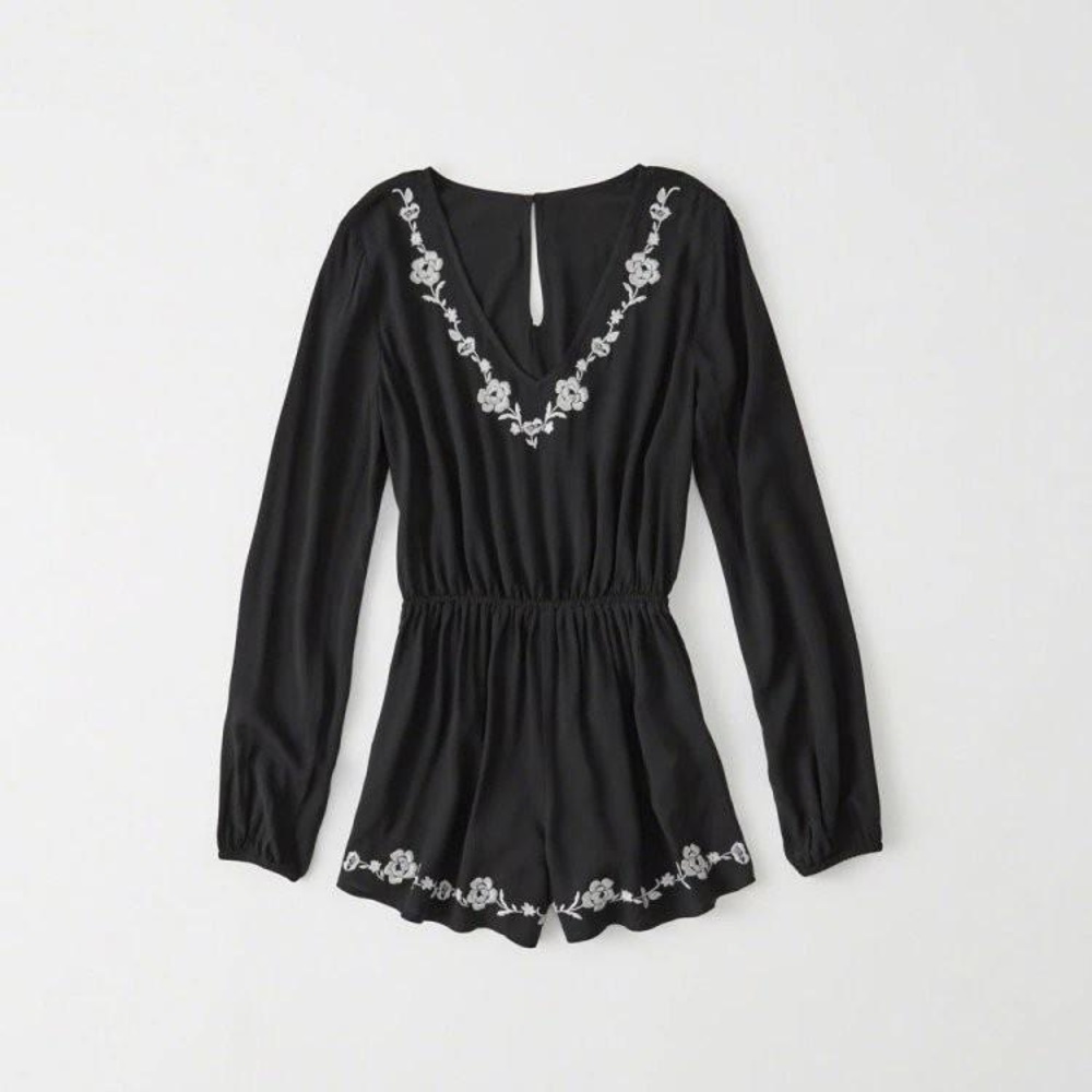 Black Floral Embroidered Romper